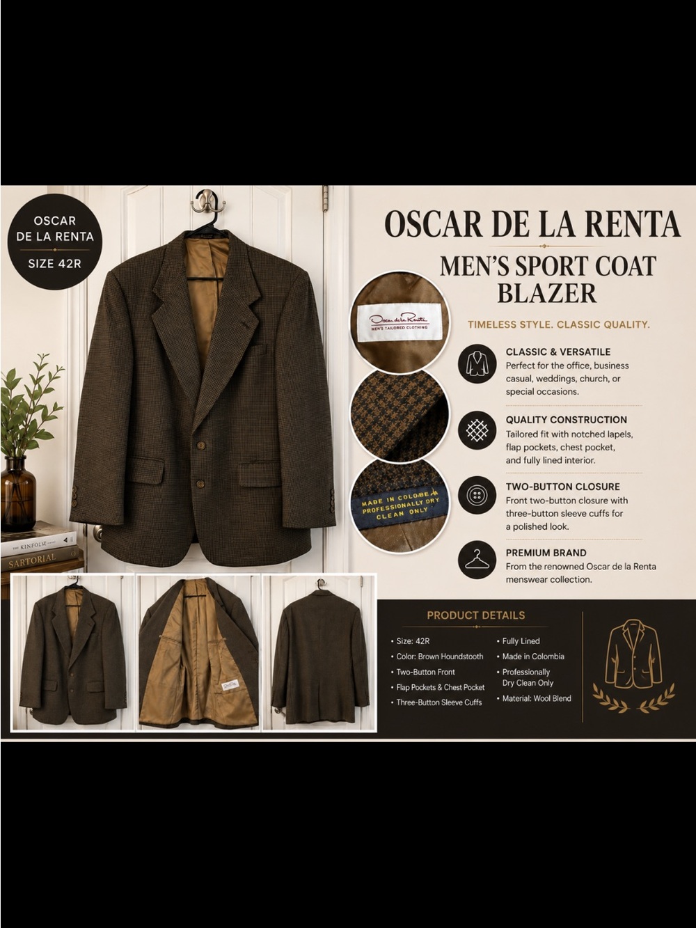 Oscar de la Renta Brown Houndstooth Sport Coat Blazer